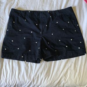 Navy blue and white polka dotted mom shorts